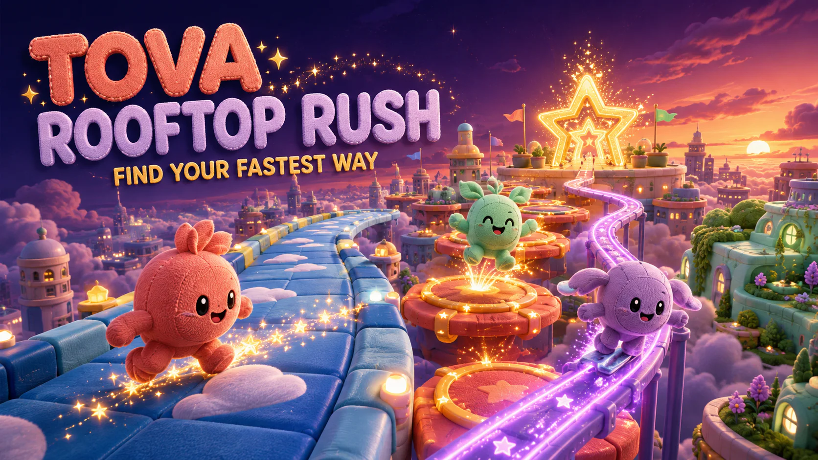 Tova Rooftop Rush artwork with the plush crew racing across glowing sunset rooftops