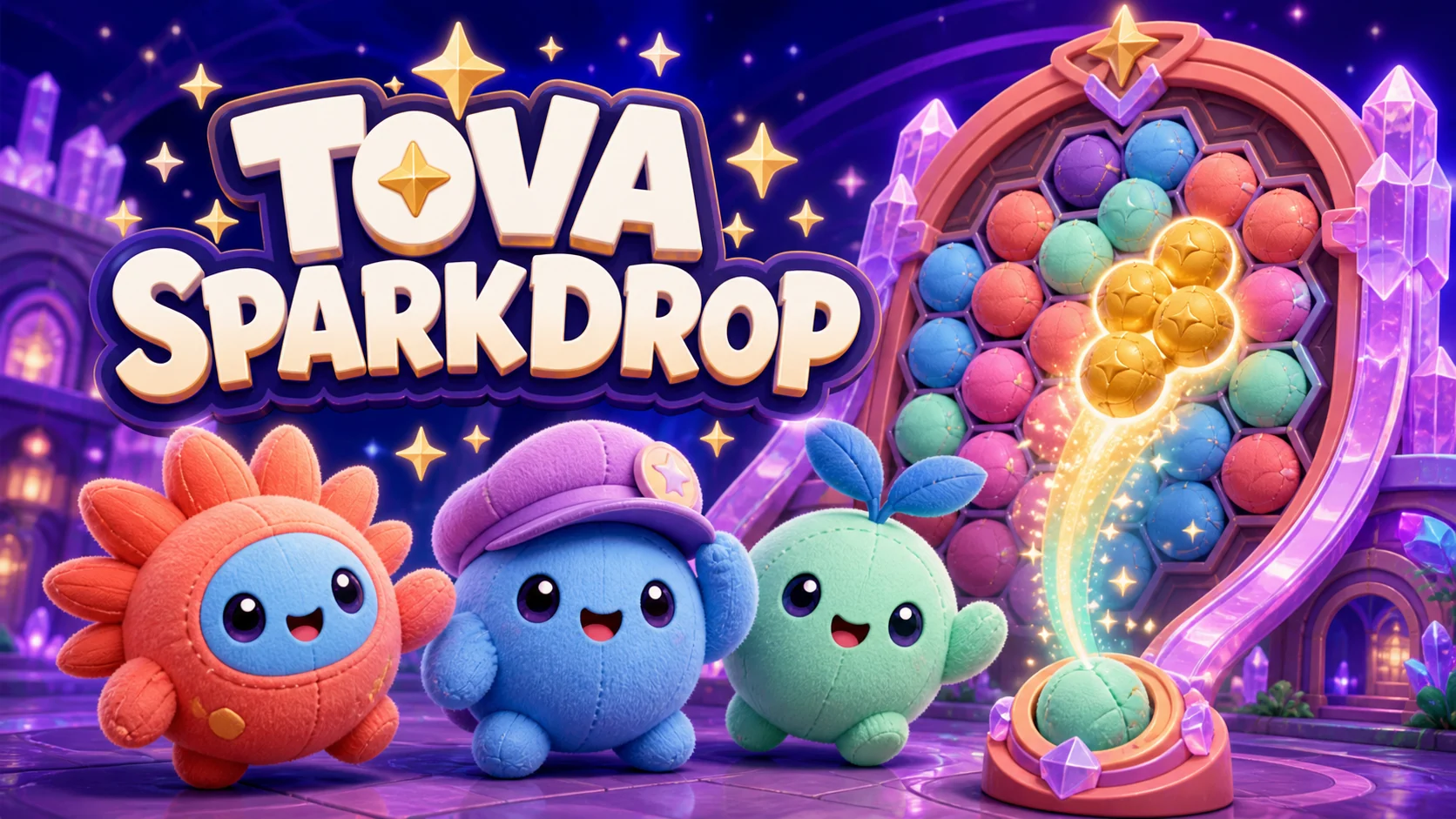 Tova Sparkdrop artwork featuring the plush crew, a colorful puzzle board, and a golden spark trail